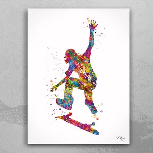 Impressão em aquarela de skatista, skate, esporte de rua, arte de parede, decoração de parede, quarto de menina ou menino, decoração de casa, berçário, skate-1693