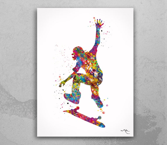 Skateboarder Watercolor Art Print, Colorful Street Sport Wall Decor-1693