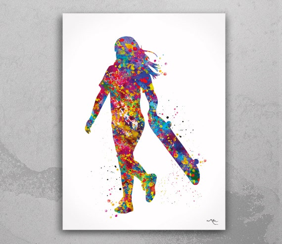 Skateboarder Girl Watercolor Print, Street Sport Art-2190