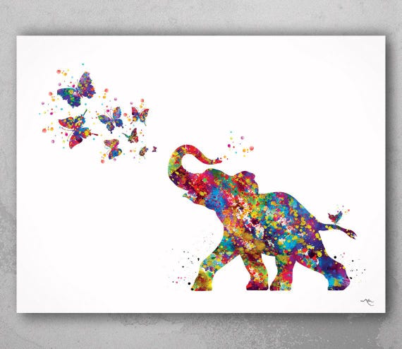 Baby Elephant Watercolor Print with Butterflies, Nursery Art-900