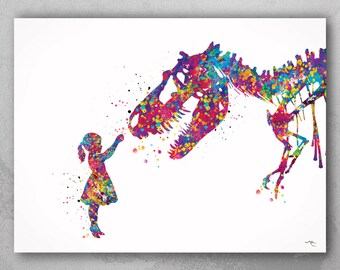 Girl and Dinosaur T-rex Tyrannosaurus Rex Watercolor Print - Etsy