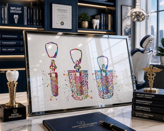Dental Implant Watercolor Print, Tooth Anatomy Art-1099