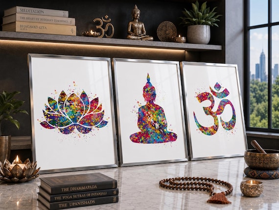 Watercolor Yoga Print Set: Buddha, Lotus, Ohm - Modern Decor-520