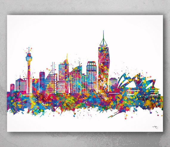 Sydney Skyline Watercolor Print, Australia Cityscape Art-510