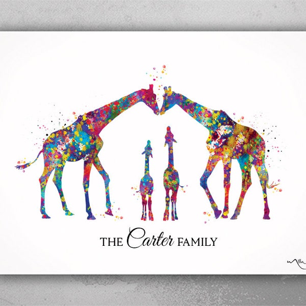 Giraffe Family Personalized Gift Watercolor Print Wedding Gift Family Wall Art Wall Decor Valentines Day Gift Home Decor Wall Hanging-1577