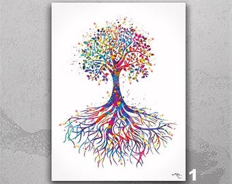 May include: A colorful watercolor painting of a tree with roots. The tree is painted in shades of pink, blue, green, yellow, and orange. The roots are spread out and are also painted in various colors.