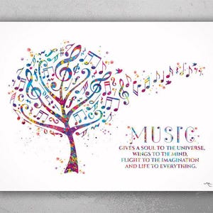 Music Tree Quote Watercolor Print Treble Clef  Music Notes Musician Gift Wall Decor Wall Art Music Gives A Soul Housewarming Music Room-2272