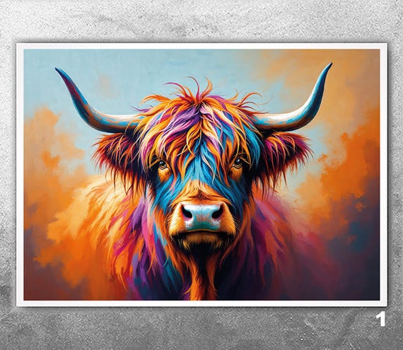 Colorful Highland Cow Print: Scottish Cattle Painting, Farmhouse Wall Art-2963