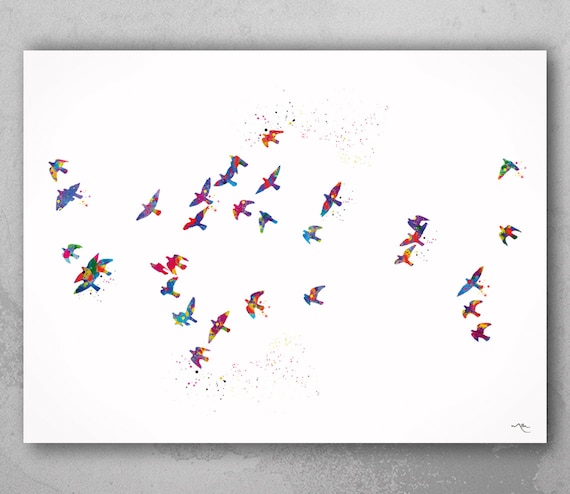 Flock of Birds Watercolor Print Nursery Decor Birds Flying Wall Art Home Wall Decor Housewarming Gift Family Living Room Bedroom Decor-2256