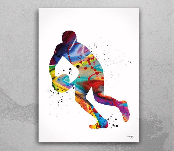 Rugby Player Watercolor Art Print, Colorful Sports Poster-308