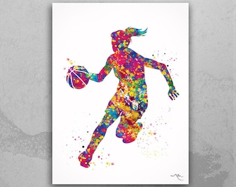 Basketball Girl Watercolor Print, Sport Wall Art-1572