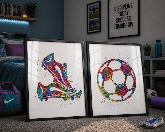 Watercolor Soccer Print Set: Shoes & Ball, Teen Room Decor-2554