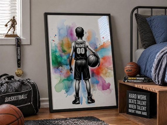 Personalized Basketball Player Watercolor Print, Teen Room Decor-2839