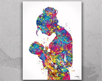 Mother and Child Watercolor Art Print, Baby Shower Gift-830