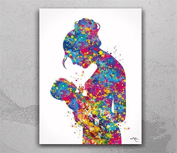 Mother and Child Watercolor Art Print, Baby Shower Gift-830
