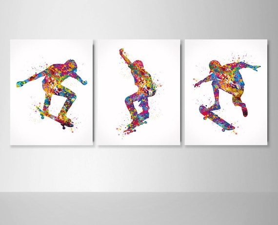 Skateboarder Watercolor Print Set, Teen Room Wall Art