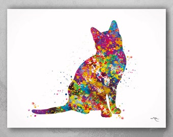 May include: A colorful watercolor painting of a cat sitting with its head tilted up. The cat is outlined in black and filled with a variety of bright colors, including yellow, blue, green, and red.