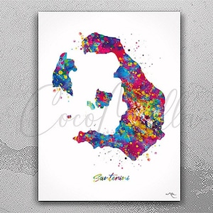 Santorini Map Watercolor Print Σαντορίνη Θήρα Print Travel Poster Honeymoon Anniversary Greece Island Wall Decor Minimalist Wall Art-2859
