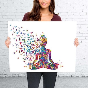 May include: A vibrant watercolour print showing a meditating figure with a bird design. The figure is in a seated yoga pose, with a colourful array of colours. Birds are depicted flying away from the figure's head. The artwork is displayed on a white background.