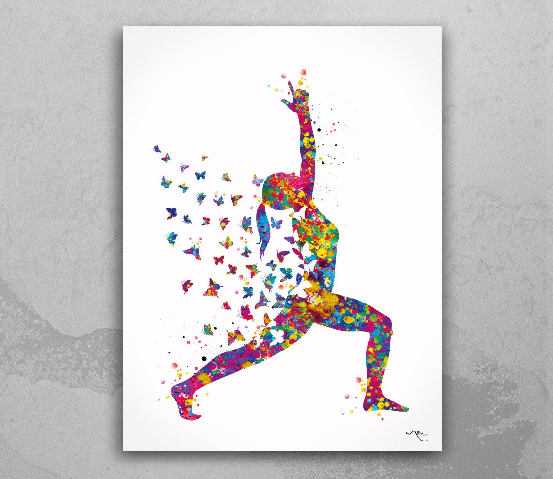 Discover Warrior I Yoga Art Butterfly Watercolor Print Virabhadrasana Poster