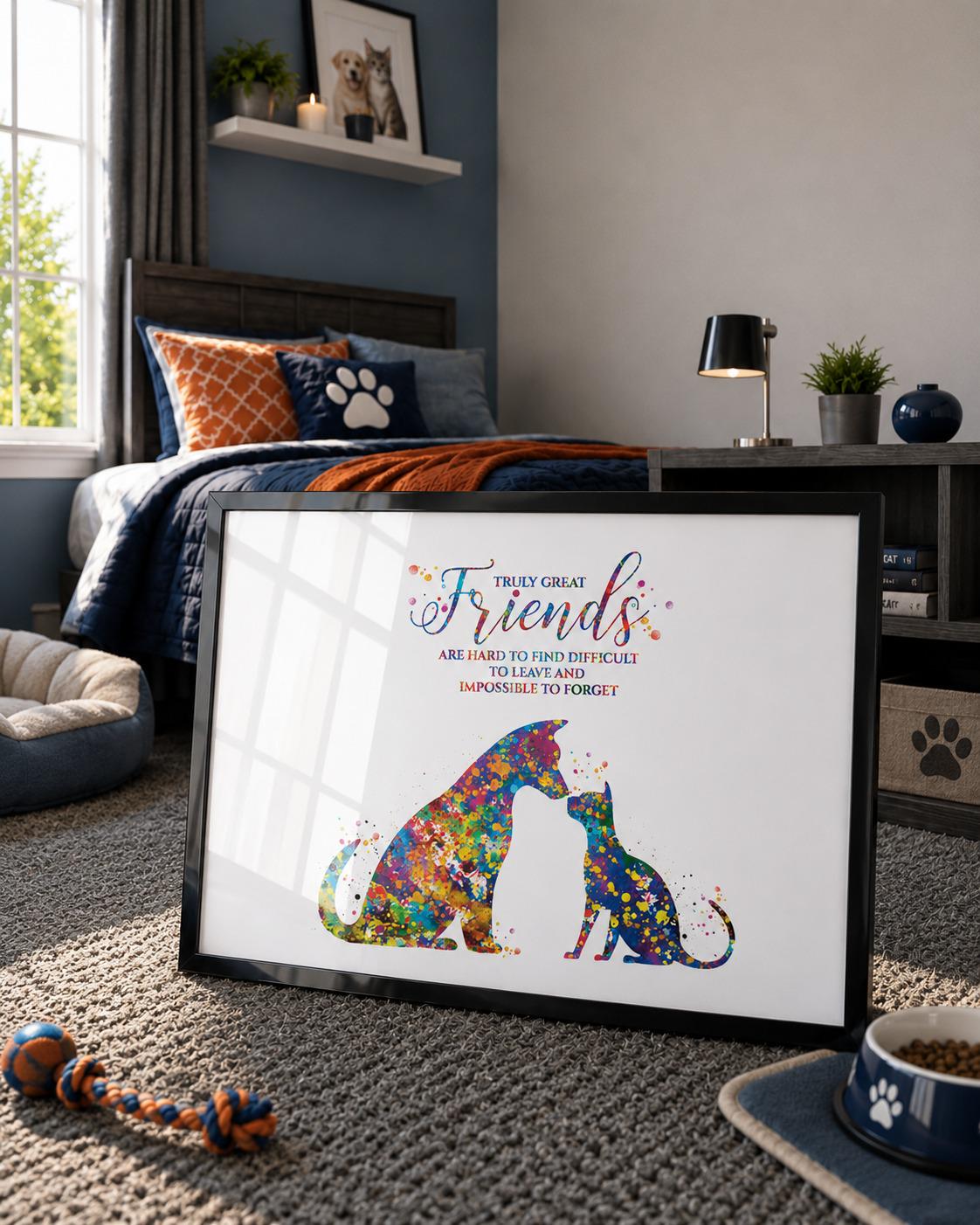 Dog and Cat Friendship Watercolor Art Print, Pet Lover Gift-1637