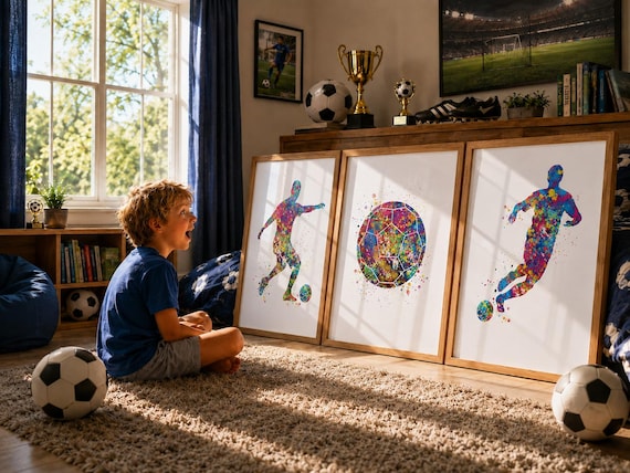 Soccer Watercolor Print Set, Sports Fan Gift, Nursery Decor (Set of 3)-1880