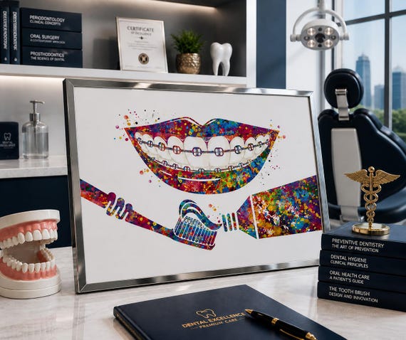 Dental Braces Watercolor Print | Colorful Dentist Office Art-2474