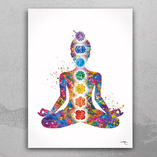 Chakras Watercolor Print Yogi Yoga Mediation Mindfulness Yoga Studio Meditating Woman Yoga Girl Female Wall Decor Spiritual Wall Art-2085