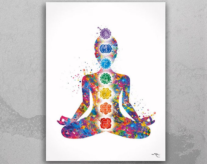 Chakras Watercolor Print Yogi Yoga Mediation Mindfulness Yoga Studio Meditating Woman Yoga Girl Female Wall Decor Spiritual Wall Art-2085