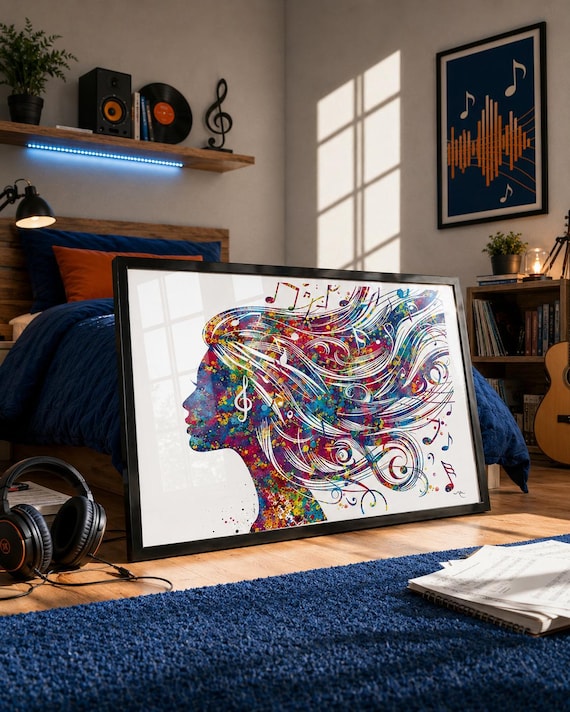 Watercolor Girl with Music Notes Print, Treble Clef Musician Gift-2816