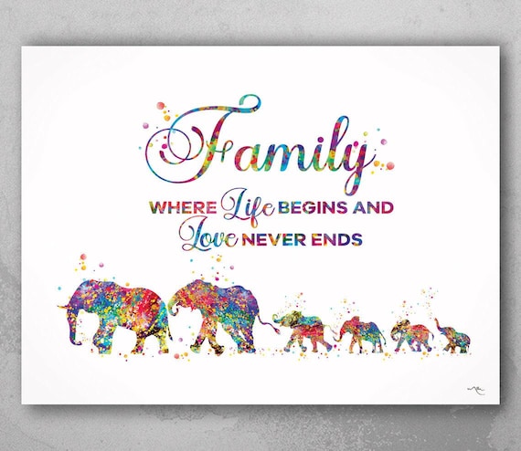 Elephant Family Watercolor Art Print - Rainbow Quote Wall Decor-461