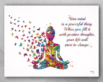 Watercolor Yoga Art Print, Butterfly Mind Quote, Sukhasana Pose-1552