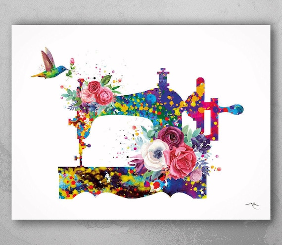 Watercolor Sewing Machine Print, Floral Seamstress Art-2016