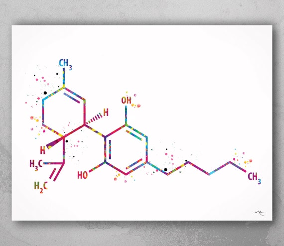 CBD Molecule Watercolor Print, Science Art
