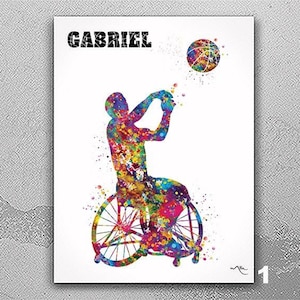 Wheelchair Basketball Boy Watercolor Print Male Basketball Player Man Gift Wall Art Kids Gift Handisport Men's Handball Disability Gift-1953