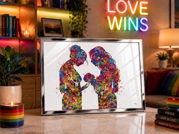 Two Moms Watercolor Art Print, LGBT Family Gift-2381