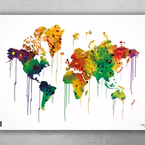 Może przedstawiać: Aquarela przedstawiająca mapę świata z kolorowymi plamami farby i kroplami. Mapa jest obwiedziona na biało, a tło jest białe.