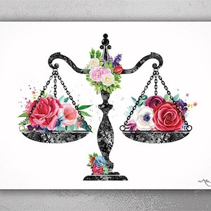 Scales of Justice Watercolor Print Floral Lawyer Gift Attorney Lawyer Office Decor Wall Art Judge Law Lawyer Graduation Pass the Bar-426