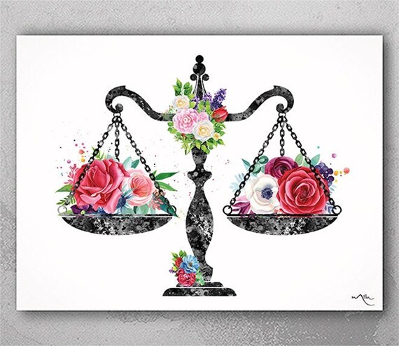 Scales of Justice Floral Watercolor Print, Lawyer Office Decor-426