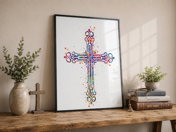 Christian Cross Watercolour Print, Religion Wall Art, Modern Bible Minimalist Christian Painting-3018