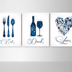 Kitchen Art Watercolor Print Eat Drink Love Set of 3 Kitchen Restaurant Wall Art Housewarming Gift Food Drink Dining Room Wall Decor-2097