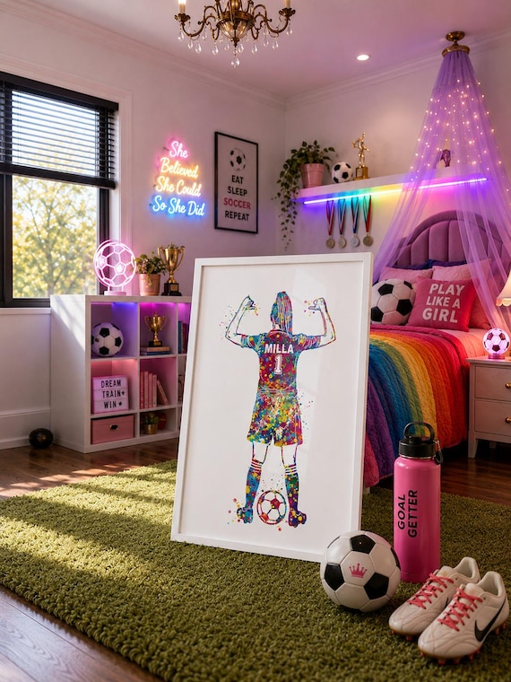Personalized Soccer Girl Watercolor Print, Custom Football Art-2422