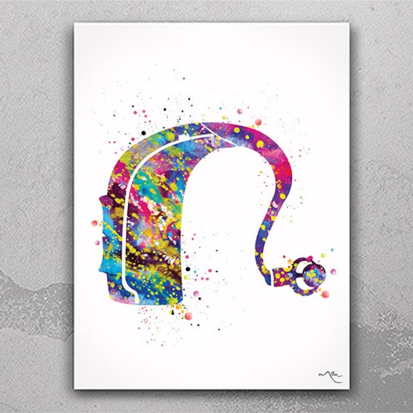 Hearing Aid Watercolor Print Cochlear Implant Art Deaf Gift Audiologist Audiology Art Ear Diagram Clinic Office Decor Medical Art-1234