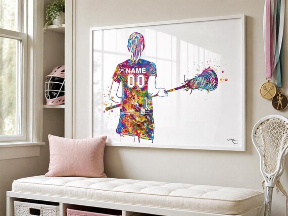 Personalized Lacrosse Girl Watercolor Print, Teen Room Decor-2481
