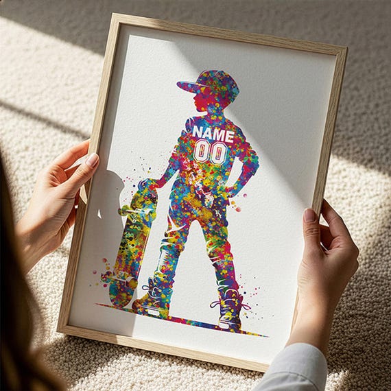 Personalized Skateboarder Boy Watercolor Print, Custom Wall Art-3023