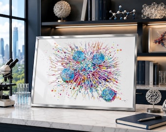May include: A framed watercolour print with an abstract design in blue, purple, and yellow. The artwork is displayed on a white surface, with a microscope and test tubes in the background. The print has a silver frame, suitable for a study or office.