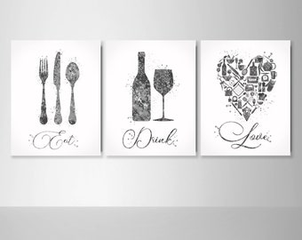 Kitchen Art Watercolor Print Eat Drink Love Set of 3 Kitchen Wall Art Housewarming Gift Food and Drink Dining Room Wall Decor Grey Art-2098