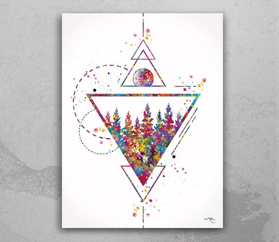 Triangle Forest Watercolor Print, Geometric Scandinavian Wall Art-657