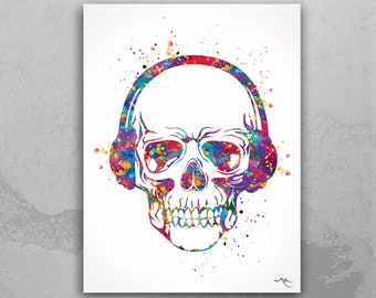 May include: A vertical art print featuring a white human skull wearing over-ear headphones. The design is rendered in a vibrant watercolor splatter style with splashes of red, blue, yellow, green, and purple across the skull and headphones.