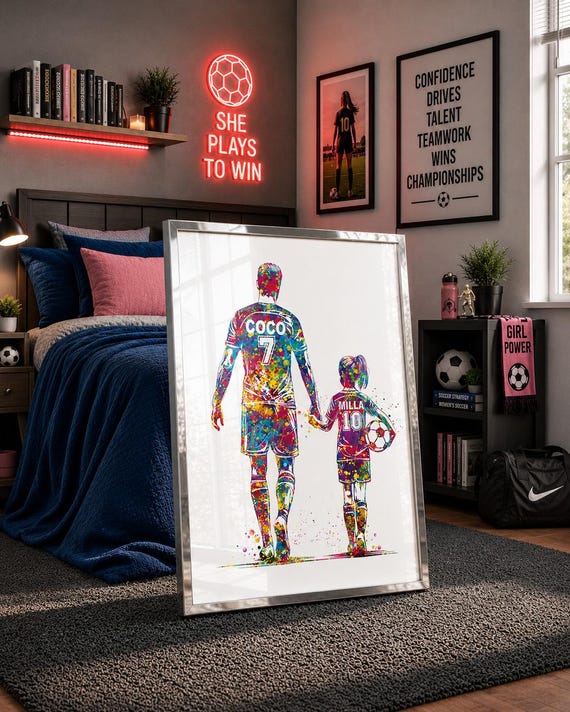 Personalized Soccer Dad and Daughter Watercolor Print-2777